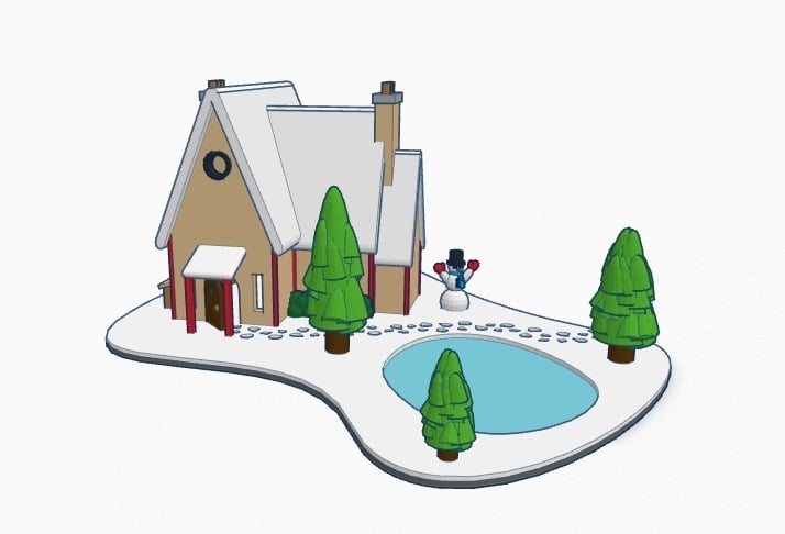Wydrukowany w 3D domek bożonarodzeniowy z zamarzniętym jeziorem